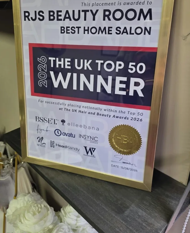 Certificate: RJS Beauty Room, Best Home Salon, The UK Top 50 Winner 2026, UK Hair and Beauty Awards