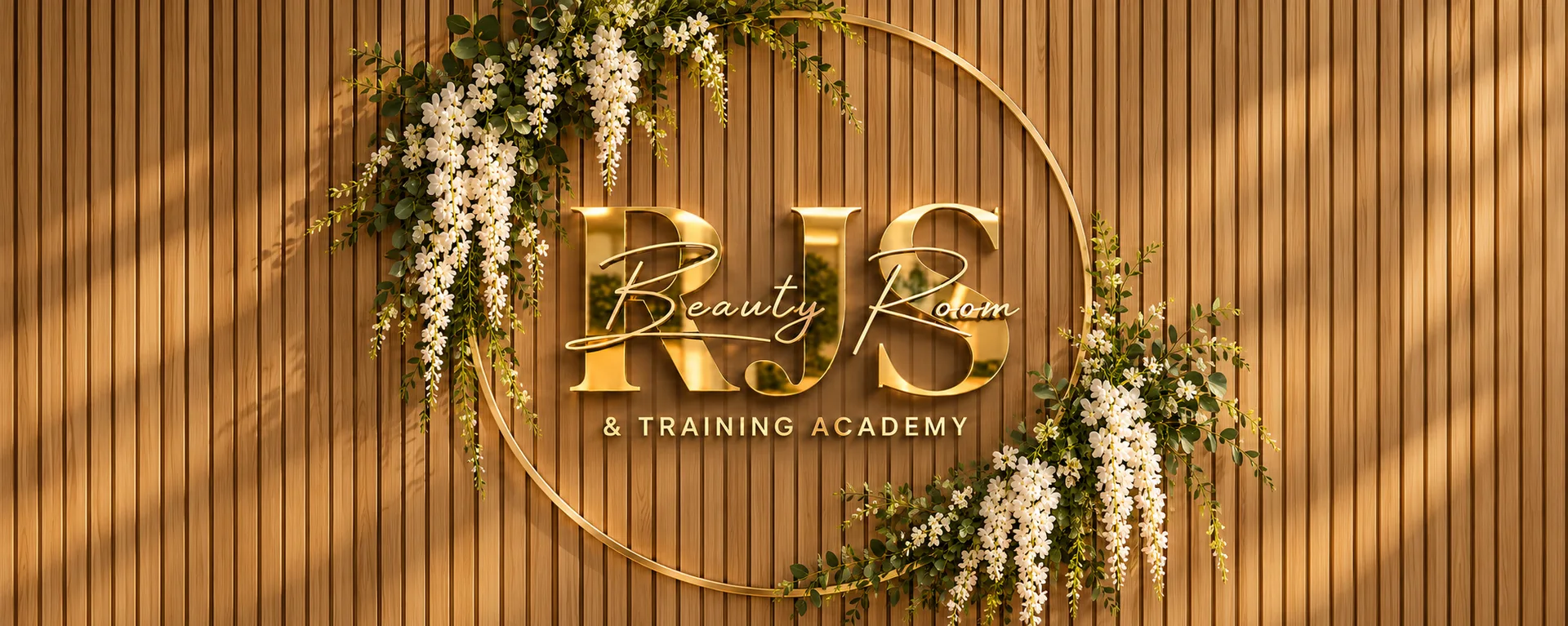 The RJS Beauty Room sign in gold on a wood-panelled wall, framed by white flowers